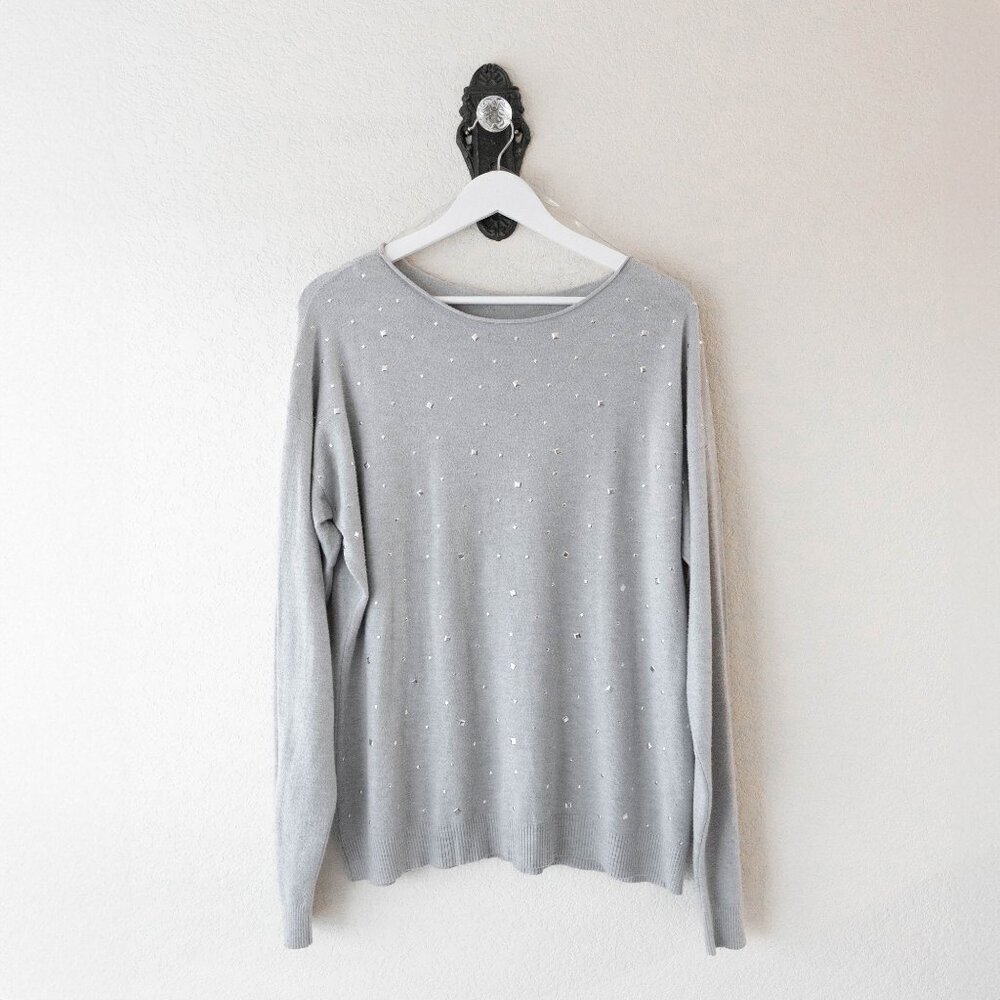 Calvin Klein XL Gray Wool Blend Studded Sweater Silver Studs Pullover